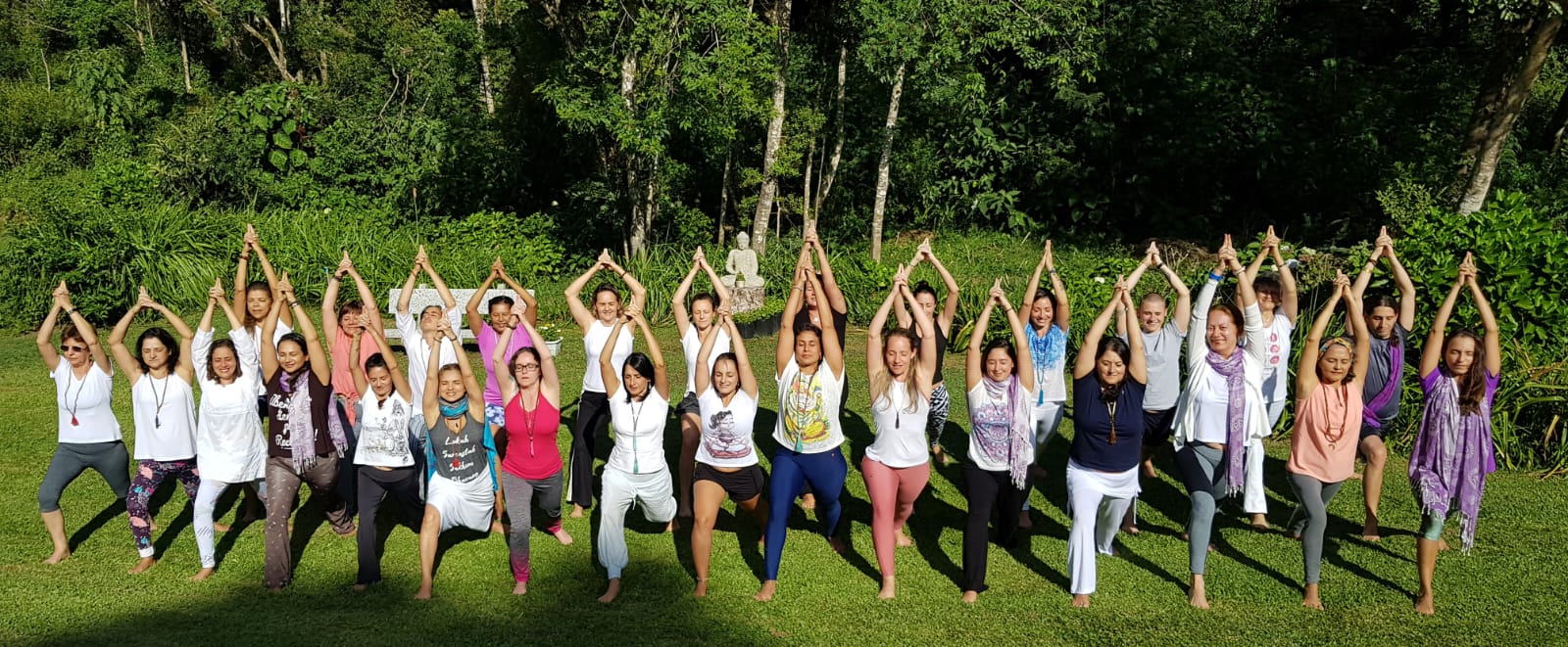 Grupo em postura de Yoga com braços elevados ao ar livre